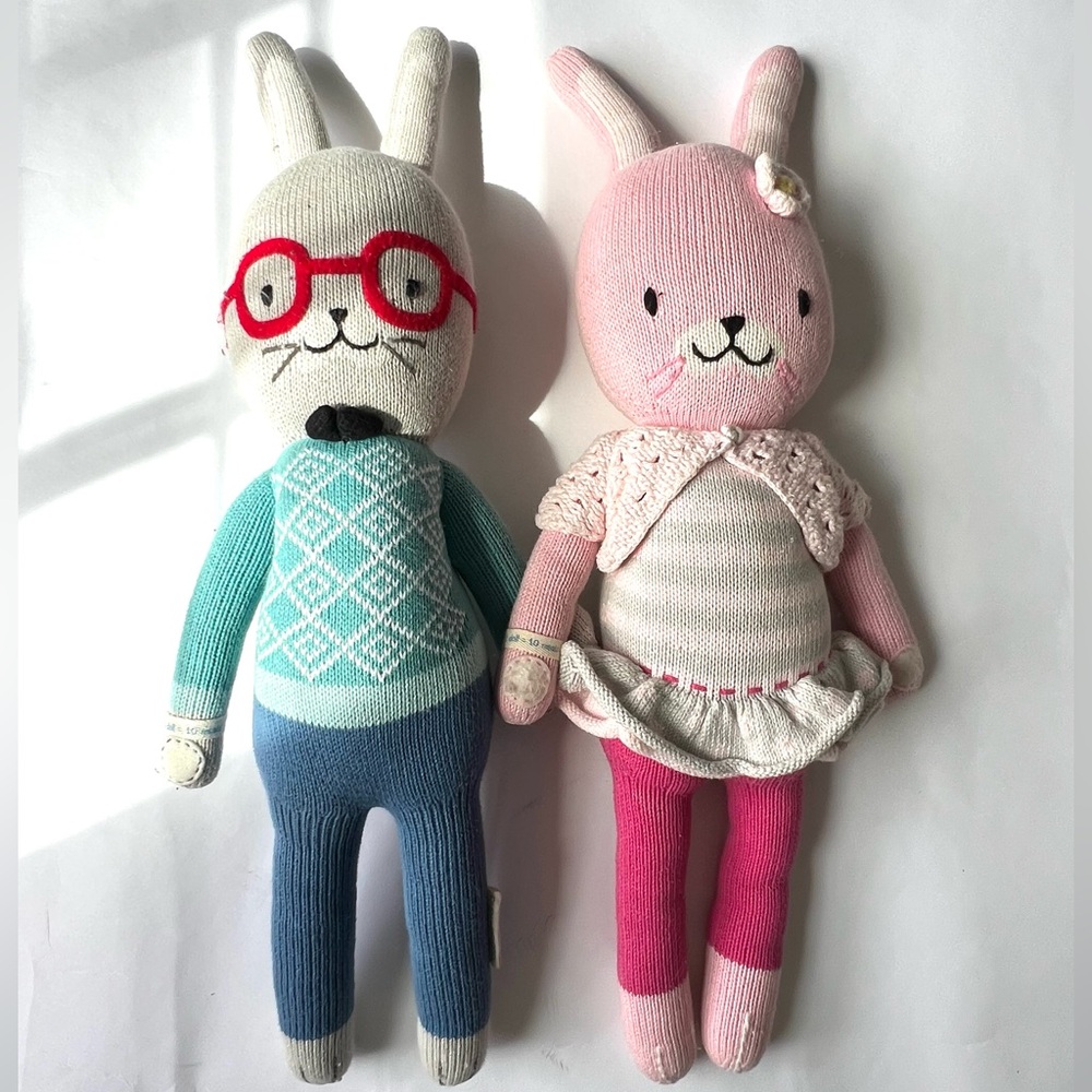 Handmade Knit Bunny Doll Pair - Pink & Cream Plush Toys